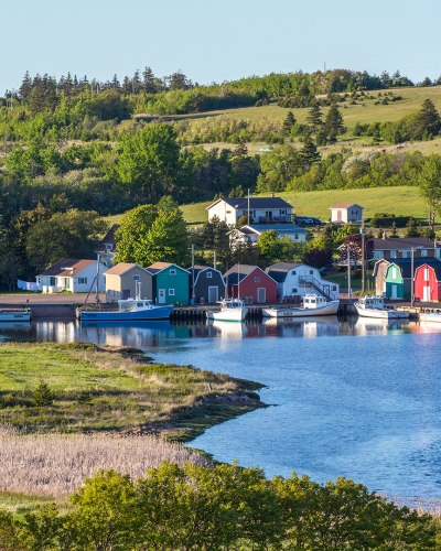 French River, village, hills, water